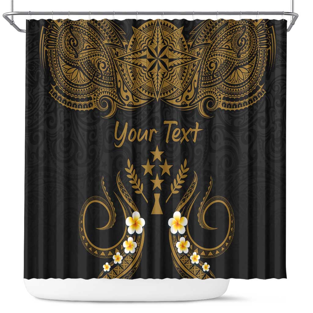 Personalised Kosrae Liberation Day Shower Curtain Polynesian Tattoo and Plumeria Gold Color