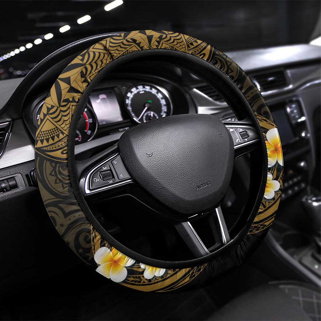 Kosrae Liberation Day Steering Wheel Cover Polynesian Tattoo and Plumeria Gold Color