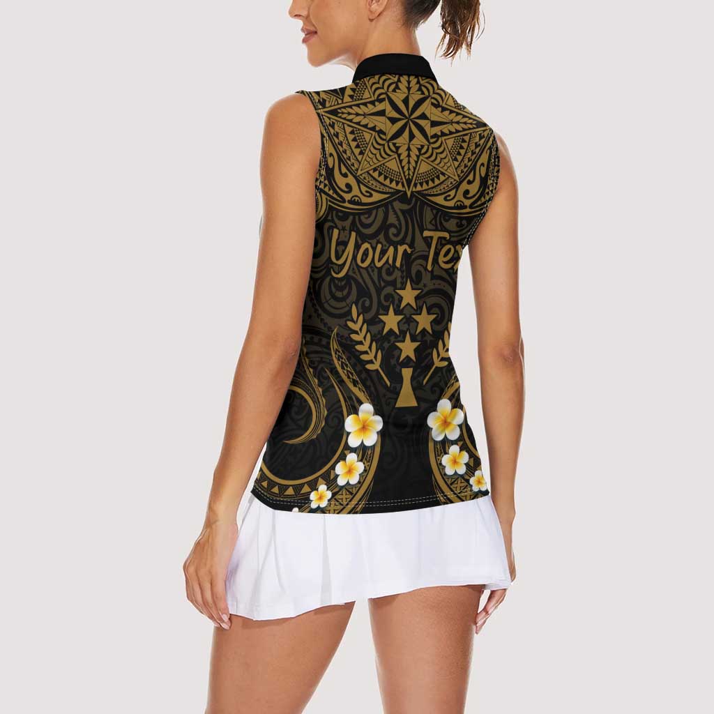 Personalised Kosrae Liberation Day Women Sleeveless Polo Shirt Polynesian Tattoo and Plumeria Gold Color