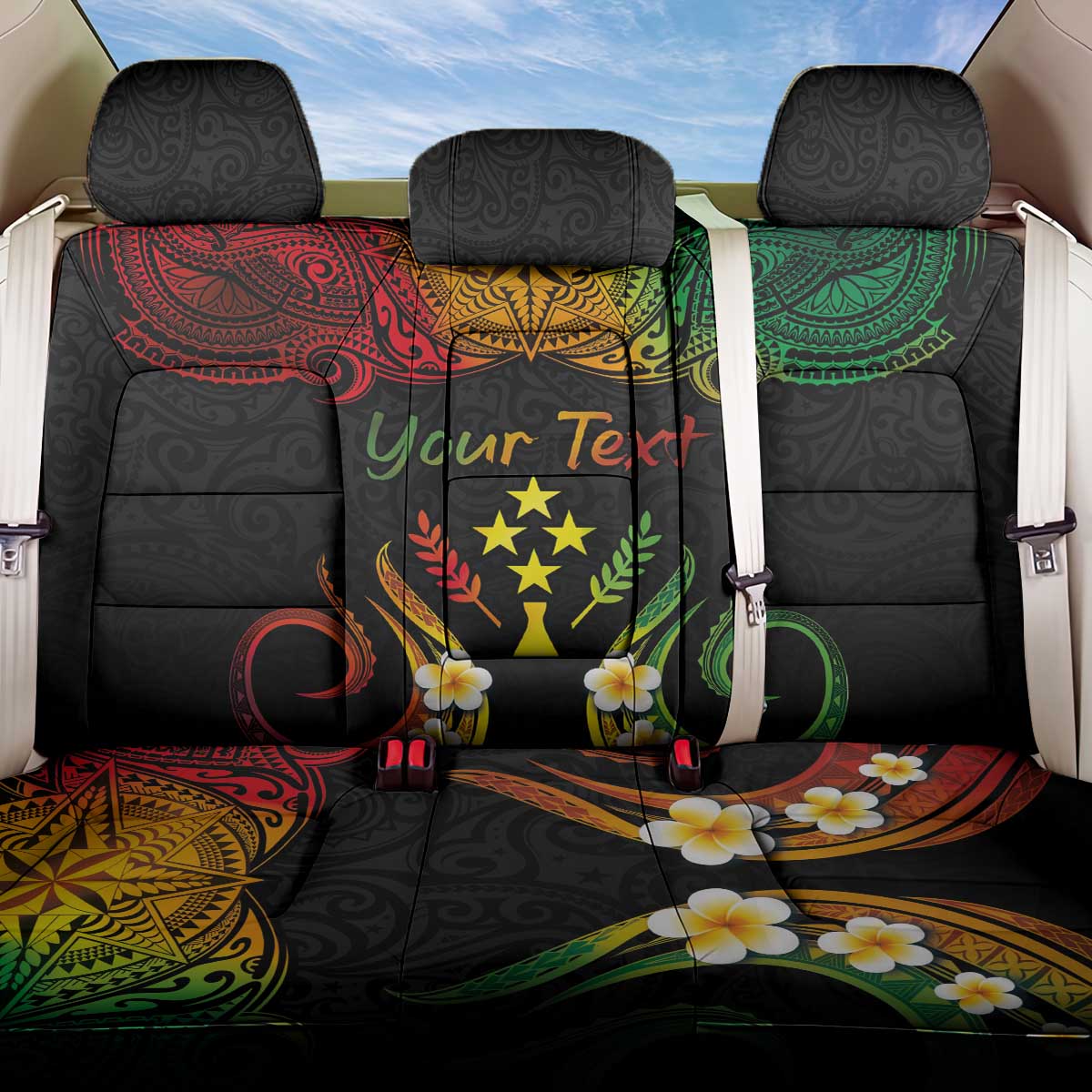 Personalised Kosrae Liberation Day Back Car Seat Cover Polynesian Tattoo and Plumeria Reggae Color