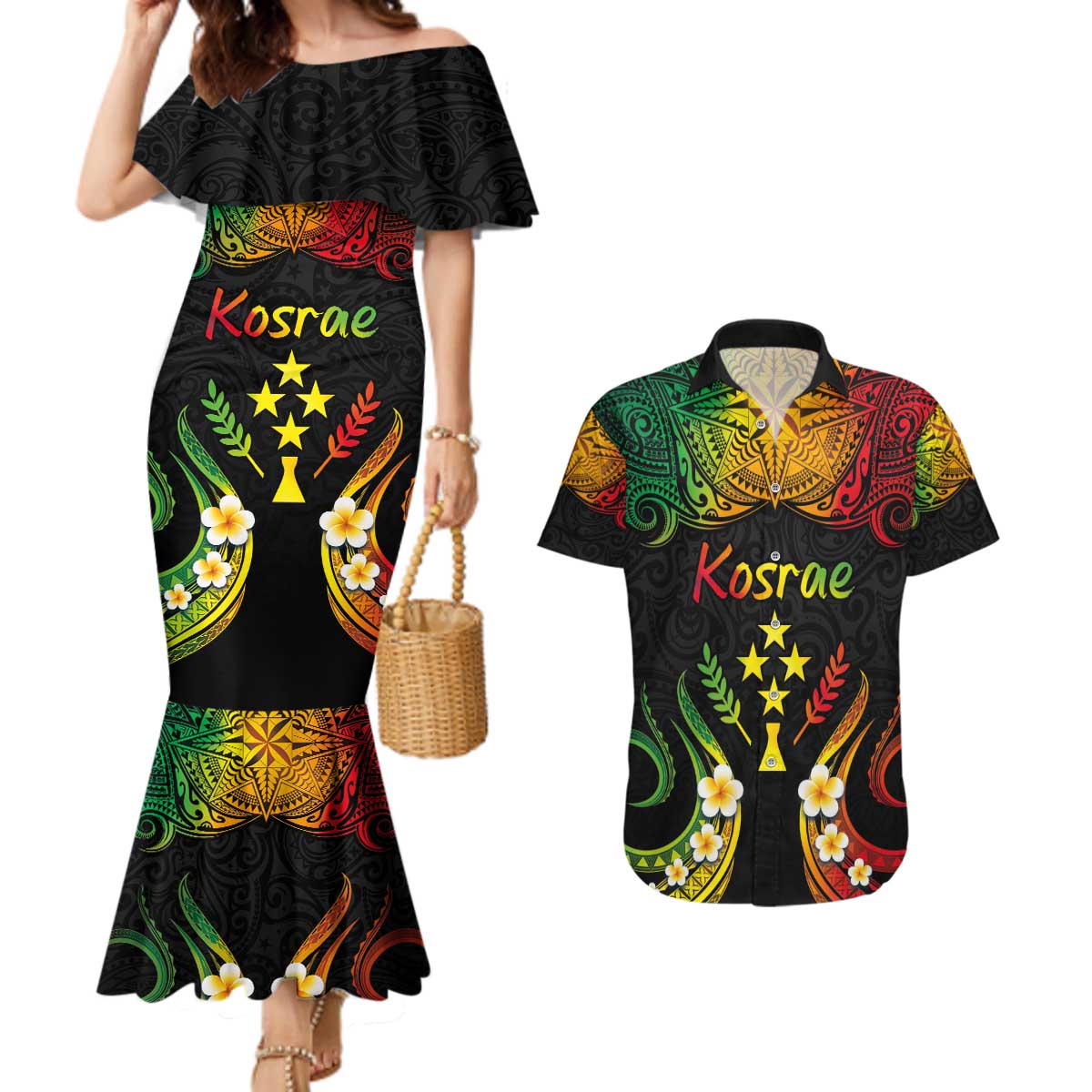 Personalised Kosrae Liberation Day Couples Matching Mermaid Dress and Hawaiian Shirt Polynesian Tattoo and Plumeria Reggae Color