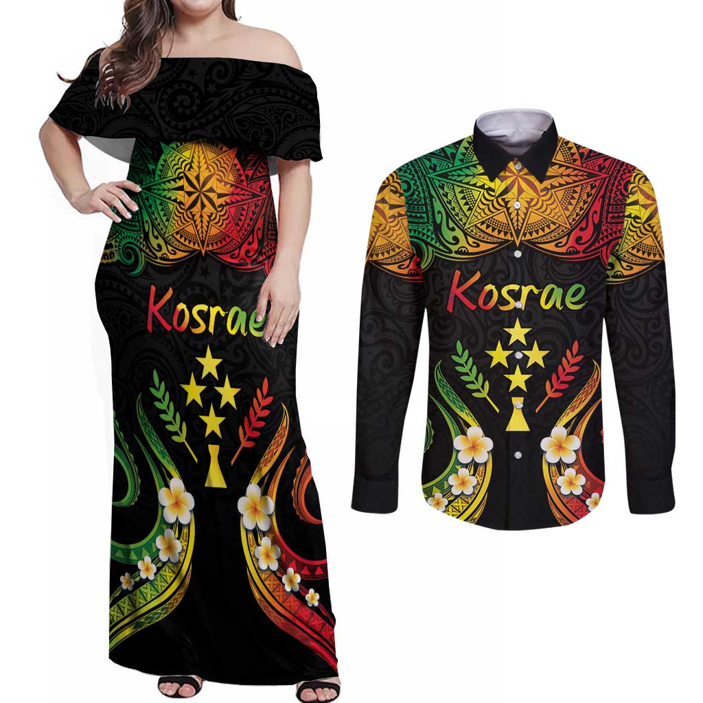 Personalised Kosrae Liberation Day Couples Matching Off Shoulder Maxi Dress and Long Sleeve Button Shirt Polynesian Tattoo and Plumeria Reggae Color LT03 Reggae - Polynesian Pride