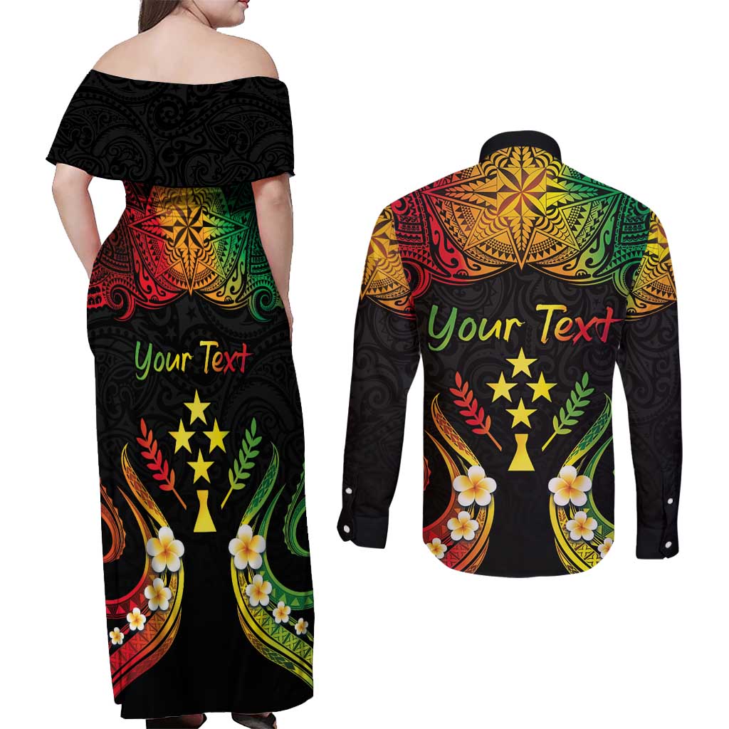 Personalised Kosrae Liberation Day Couples Matching Off Shoulder Maxi Dress and Long Sleeve Button Shirt Polynesian Tattoo and Plumeria Reggae Color LT03 - Polynesian Pride