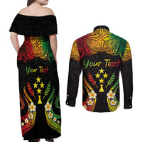 Personalised Kosrae Liberation Day Couples Matching Off Shoulder Maxi Dress and Long Sleeve Button Shirt Polynesian Tattoo and Plumeria Reggae Color LT03 - Polynesian Pride