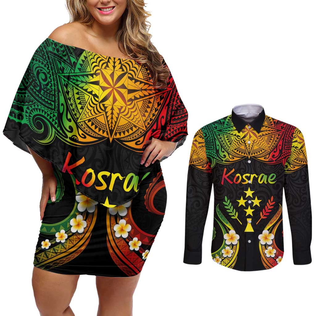 Personalised Kosrae Liberation Day Couples Matching Off Shoulder Short Dress and Long Sleeve Button Shirt Polynesian Tattoo and Plumeria Reggae Color LT03 Reggae - Polynesian Pride