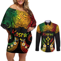 Personalised Kosrae Liberation Day Couples Matching Off Shoulder Short Dress and Long Sleeve Button Shirt Polynesian Tattoo and Plumeria Reggae Color LT03 Reggae - Polynesian Pride