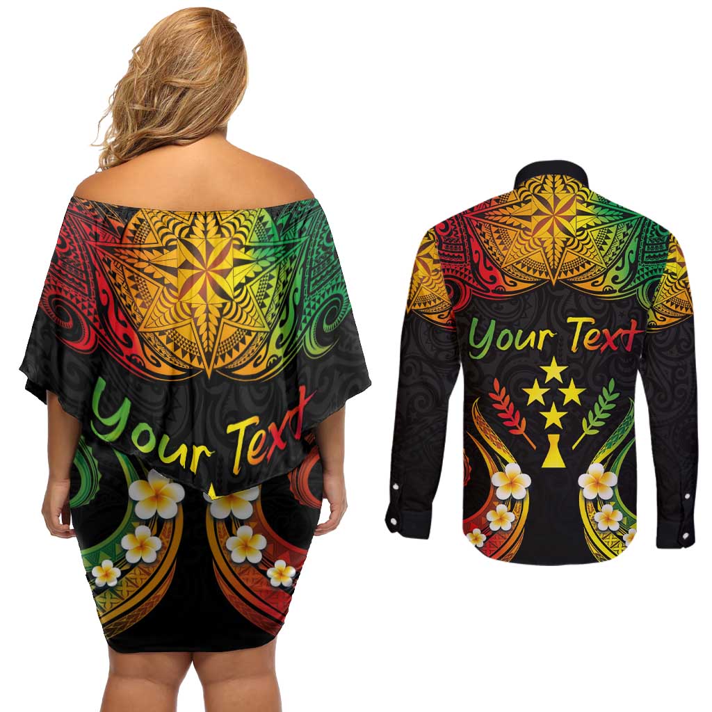Personalised Kosrae Liberation Day Couples Matching Off Shoulder Short Dress and Long Sleeve Button Shirt Polynesian Tattoo and Plumeria Reggae Color LT03 - Polynesian Pride