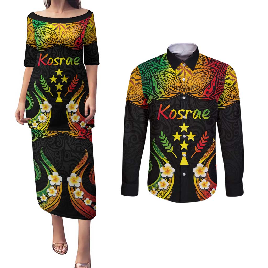 Personalised Kosrae Liberation Day Couples Matching Puletasi and Long Sleeve Button Shirt Polynesian Tattoo and Plumeria Reggae Color LT03 Reggae - Polynesian Pride