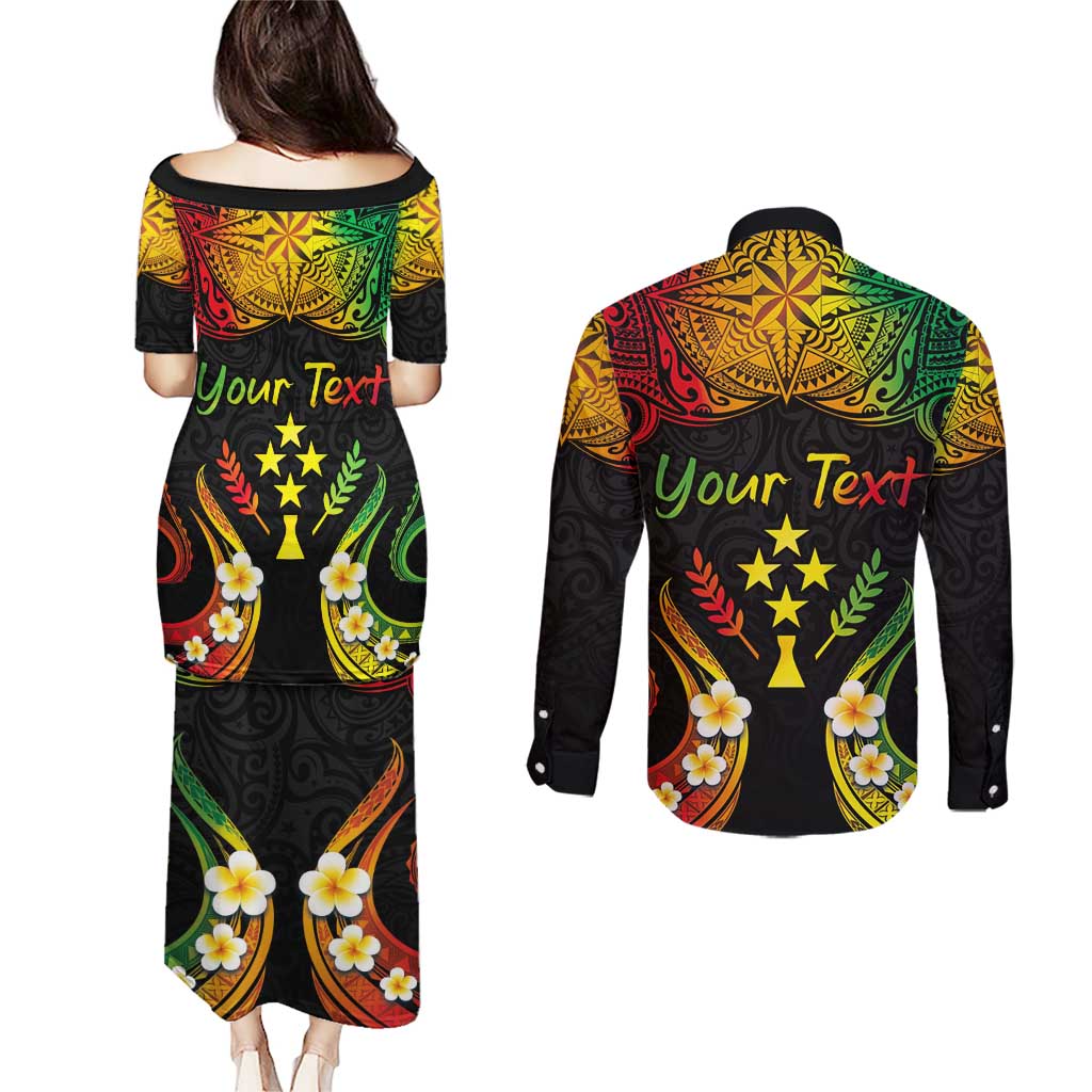 Personalised Kosrae Liberation Day Couples Matching Puletasi and Long Sleeve Button Shirt Polynesian Tattoo and Plumeria Reggae Color LT03 - Polynesian Pride