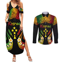 Personalised Kosrae Liberation Day Couples Matching Summer Maxi Dress and Long Sleeve Button Shirt Polynesian Tattoo and Plumeria Reggae Color LT03 Reggae - Polynesian Pride
