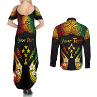 Personalised Kosrae Liberation Day Couples Matching Summer Maxi Dress and Long Sleeve Button Shirt Polynesian Tattoo and Plumeria Reggae Color LT03 - Polynesian Pride