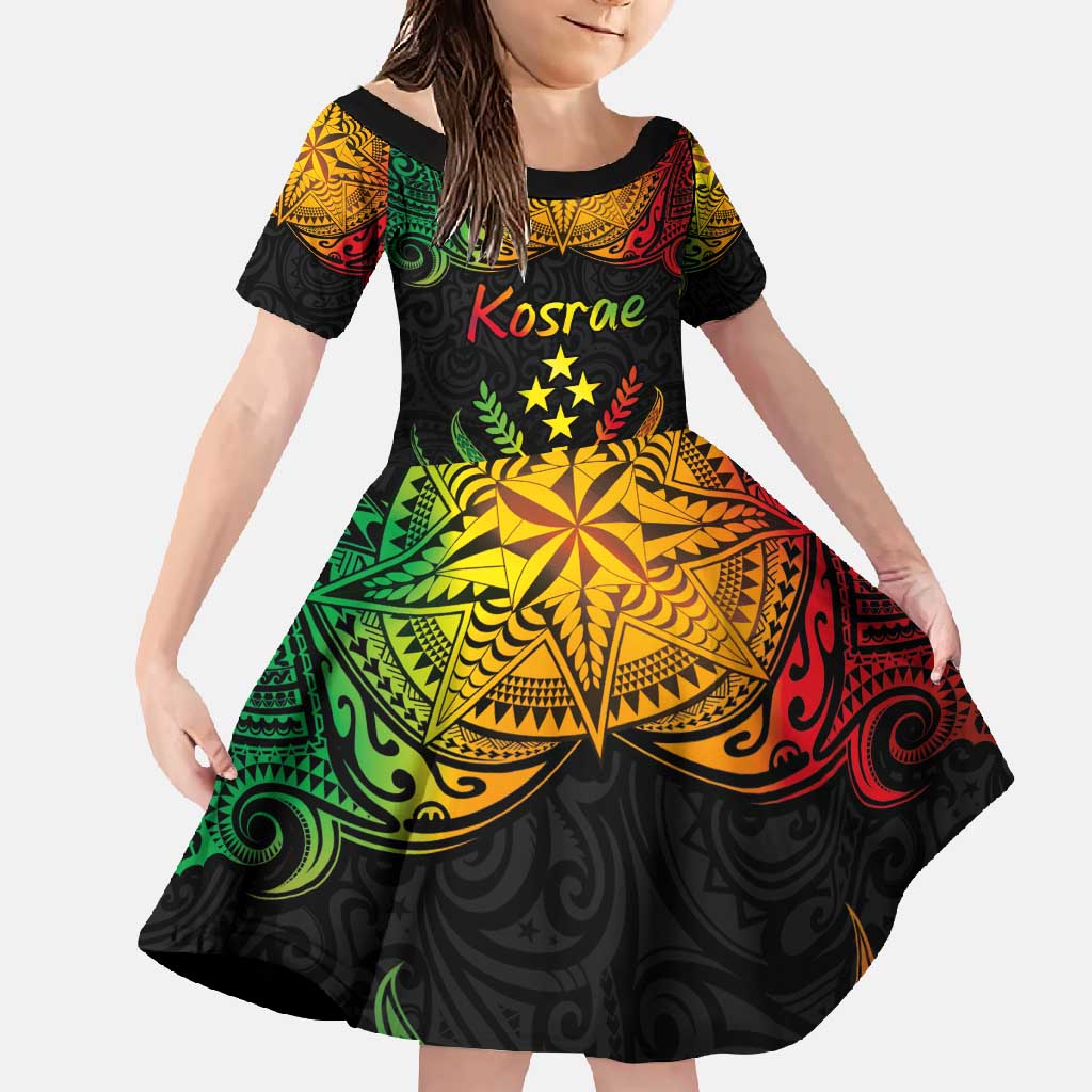 Personalised Kosrae Liberation Day Family Matching Off Shoulder Maxi Dress and Hawaiian Shirt Polynesian Tattoo and Plumeria Reggae Color LT03 Daughter's Dress Reggae - Polynesian Pride