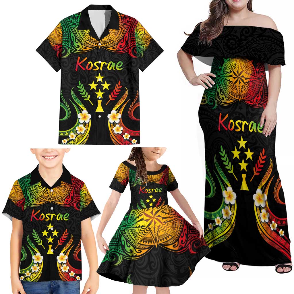 Personalised Kosrae Liberation Day Family Matching Off Shoulder Maxi Dress and Hawaiian Shirt Polynesian Tattoo and Plumeria Reggae Color LT03 - Polynesian Pride