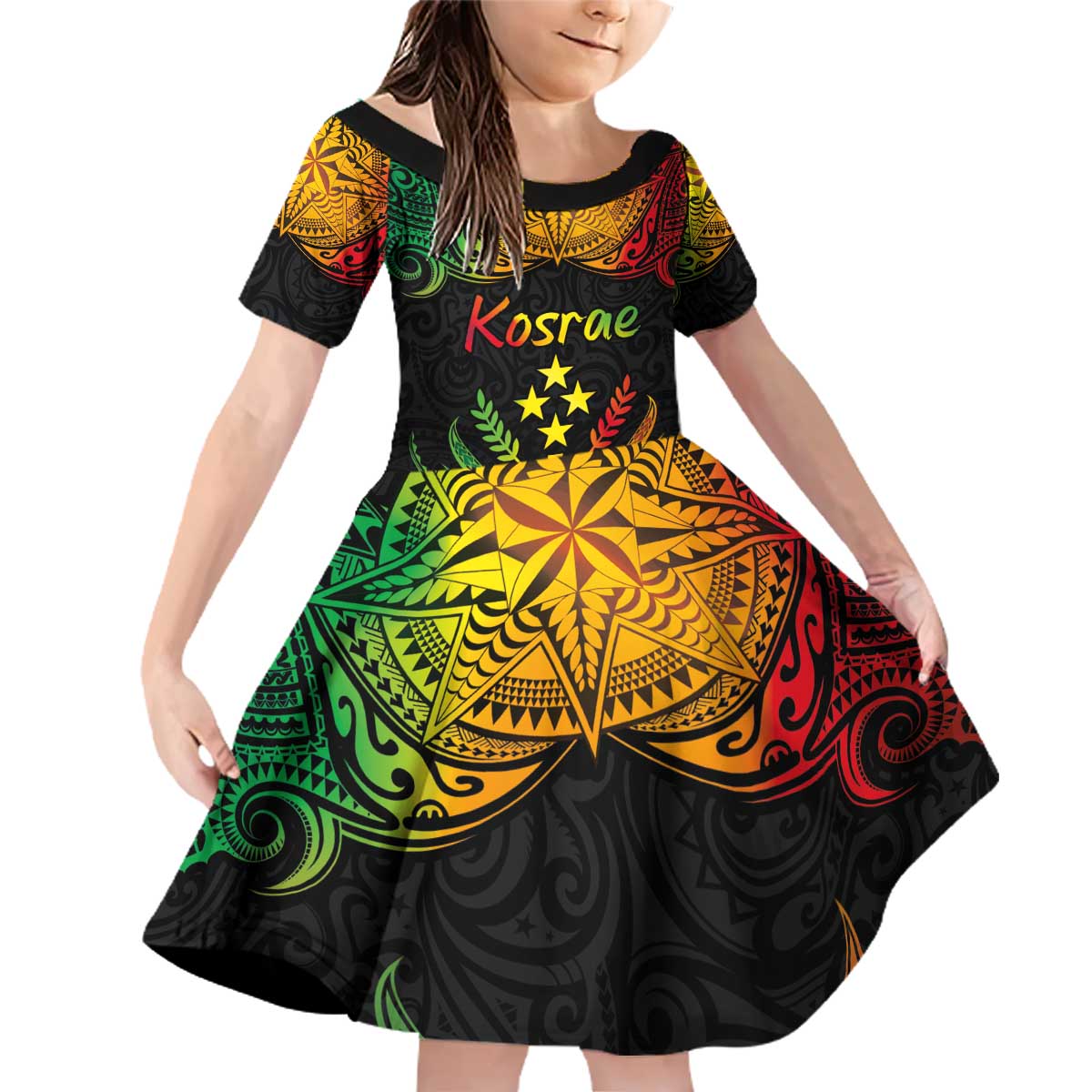 Personalised Kosrae Liberation Day Family Matching Off Shoulder Short Dress and Hawaiian Shirt Polynesian Tattoo and Plumeria Reggae Color LT03 Daughter's Dress Reggae - Polynesian Pride