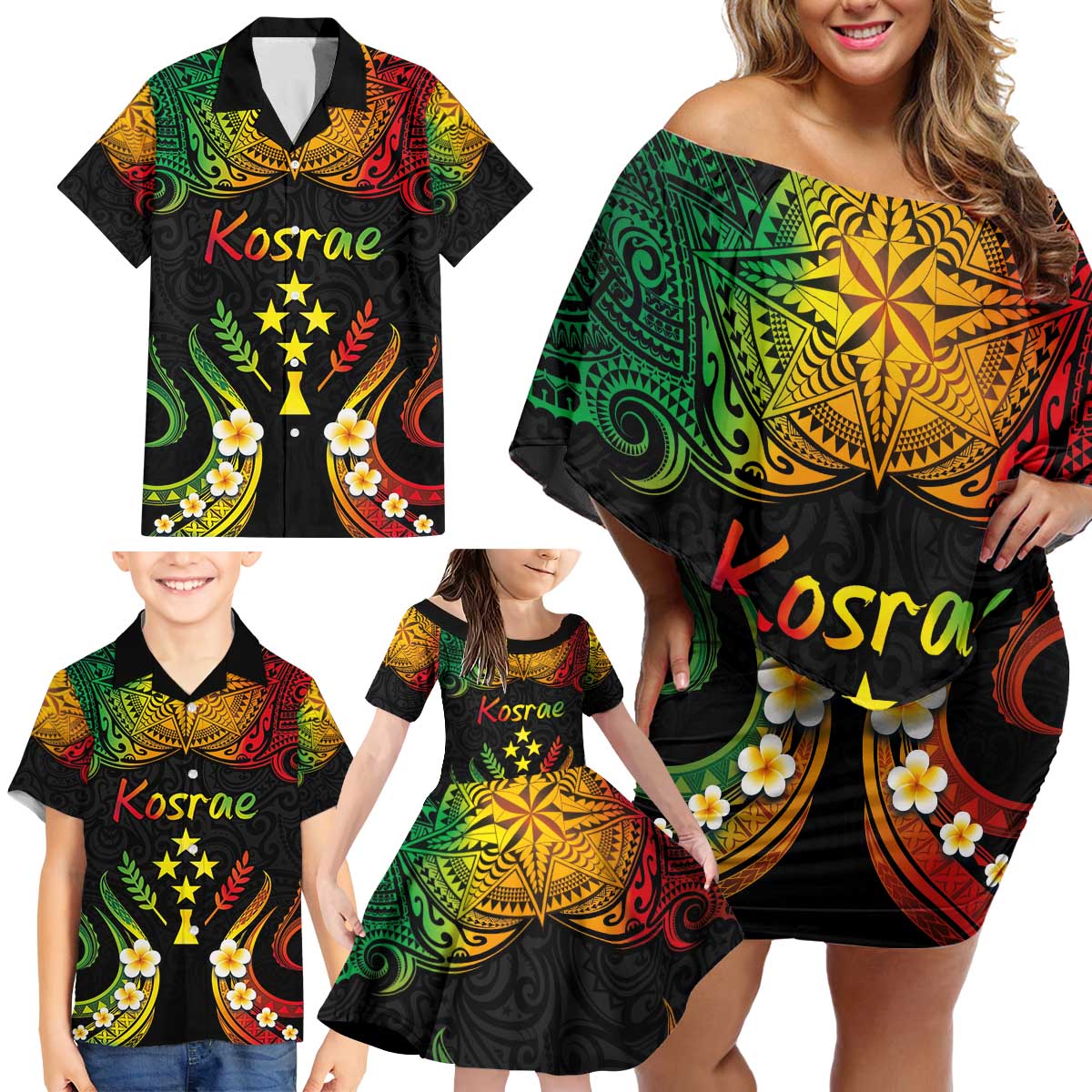 Personalised Kosrae Liberation Day Family Matching Off Shoulder Short Dress and Hawaiian Shirt Polynesian Tattoo and Plumeria Reggae Color LT03 - Polynesian Pride