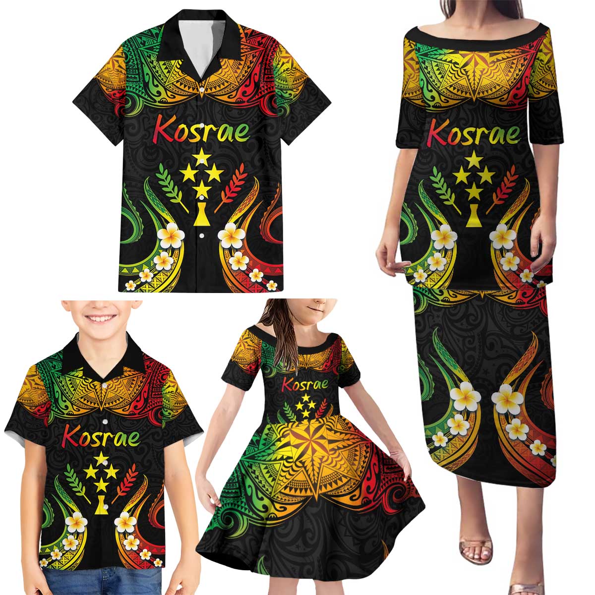 Personalised Kosrae Liberation Day Family Matching Puletasi and Hawaiian Shirt Polynesian Tattoo and Plumeria Reggae Color LT03 - Polynesian Pride