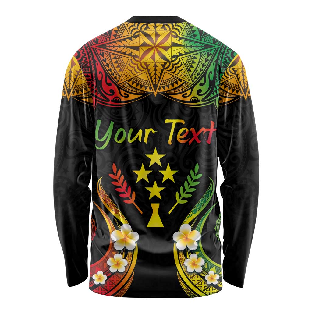 Personalised Kosrae Liberation Day Long Sleeve Shirt Polynesian Tattoo and Plumeria Reggae Color