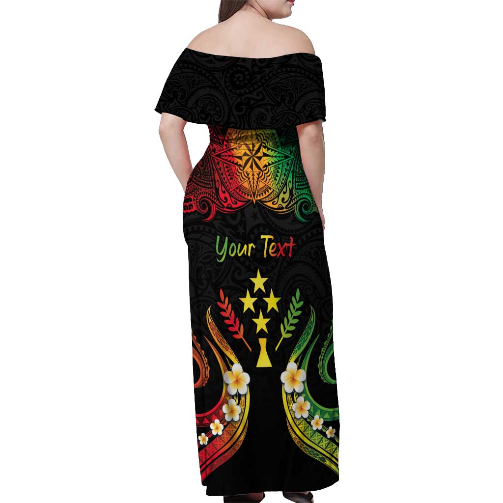 Personalised Kosrae Liberation Day Off Shoulder Maxi Dress Polynesian Tattoo and Plumeria Reggae Color LT03 - Polynesian Pride