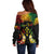 Personalised Kosrae Liberation Day Off Shoulder Sweater Polynesian Tattoo and Plumeria Reggae Color