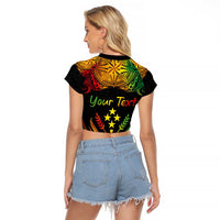 Personalised Kosrae Liberation Day Raglan Cropped T Shirt Polynesian Tattoo and Plumeria Reggae Color LT03 - Polynesian Pride
