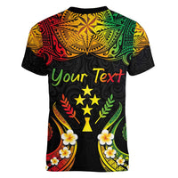 Personalised Kosrae Liberation Day Women V-Neck T-Shirt Polynesian Tattoo and Plumeria Reggae Color LT03 - Polynesian Pride