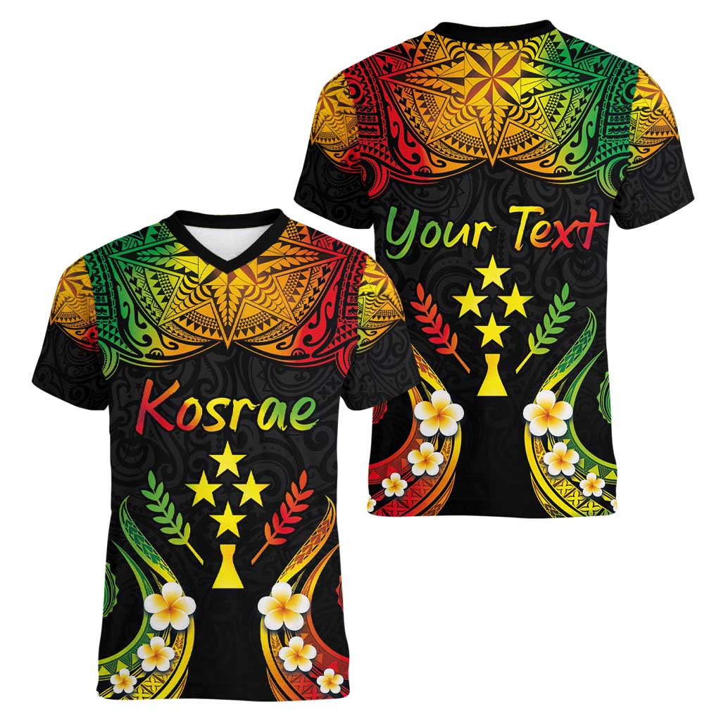 Personalised Kosrae Liberation Day Women V-Neck T-Shirt Polynesian Tattoo and Plumeria Reggae Color LT03 - Polynesian Pride