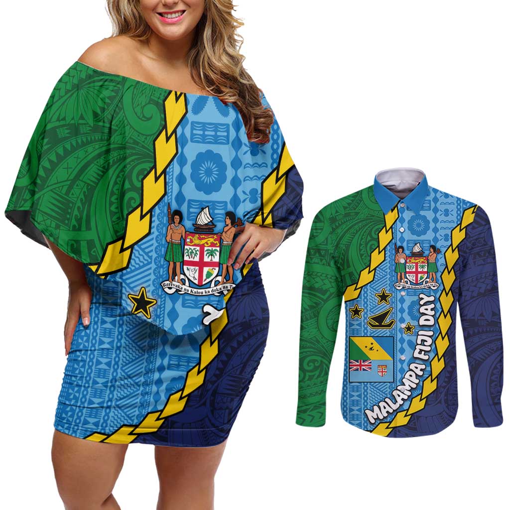 Malampa Fiji Day Couples Matching Off Shoulder Short Dress and Long Sleeve Button Shirt National Symbols with Tapa Tribal and Polynesian Tattoo