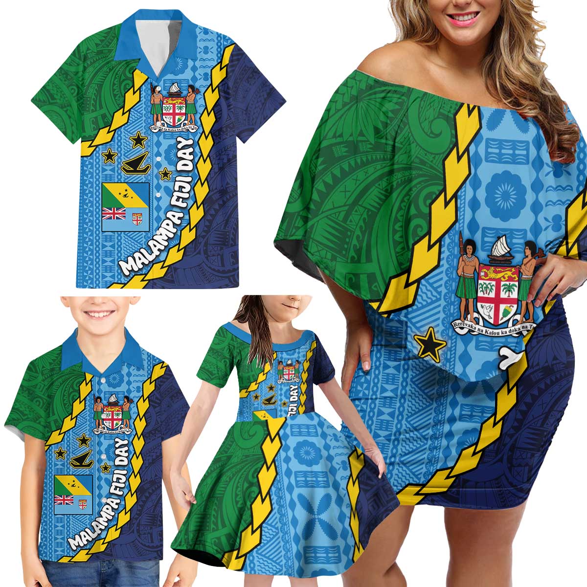 Malampa Fiji Day Family Matching Off Shoulder Short Dress and Hawaiian Shirt National Symbols with Tapa Tribal and Polynesian Tattoo