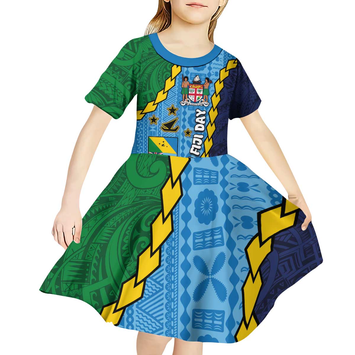 Malampa Fiji Day Kid Short Sleeve Dress National Symbols with Tapa Tribal and Polynesian Tattoo