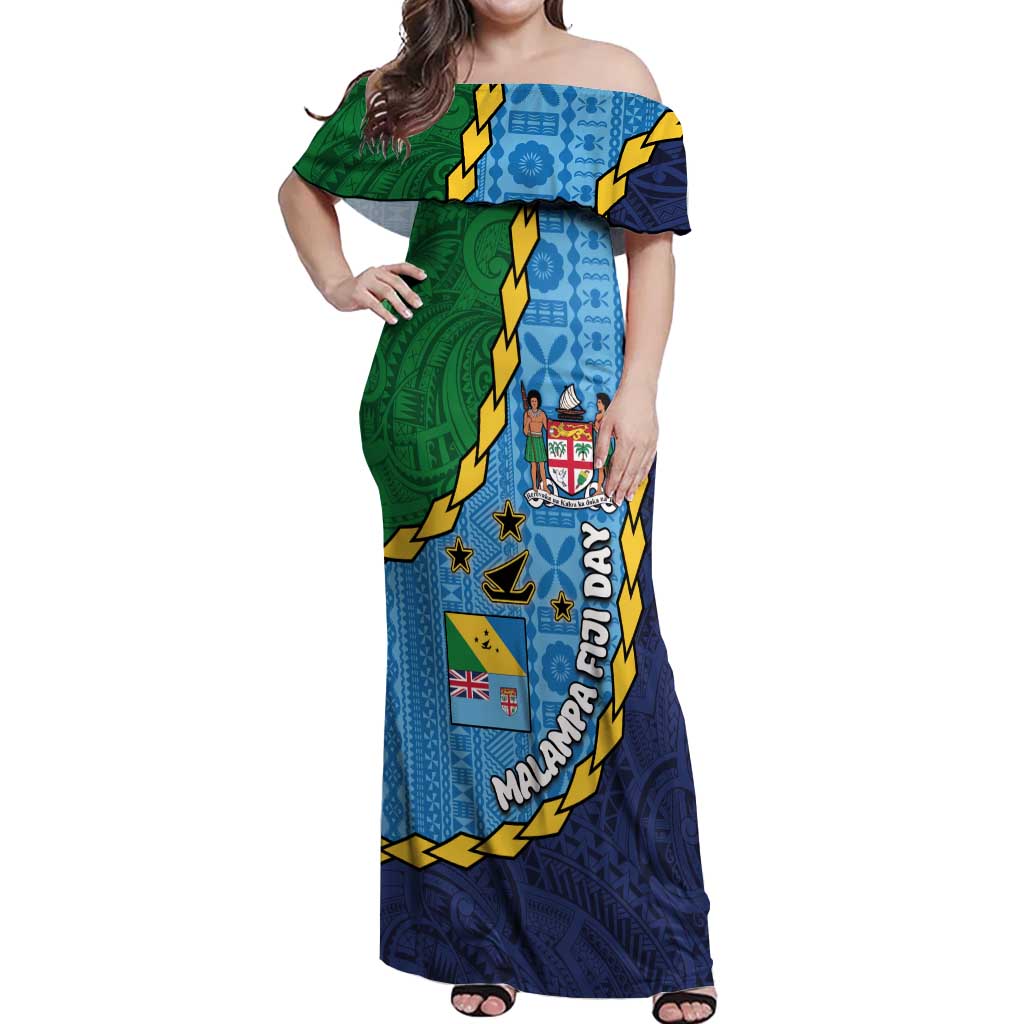 Malampa Fiji Day Off Shoulder Maxi Dress National Symbols with Tapa Tribal and Polynesian Tattoo