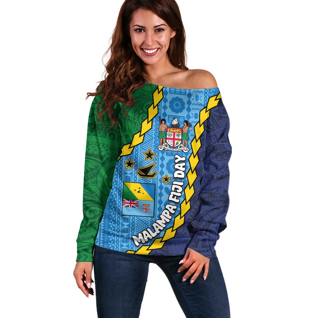 Malampa Fiji Day Off Shoulder Sweater National Symbols with Tapa Tribal and Polynesian Tattoo