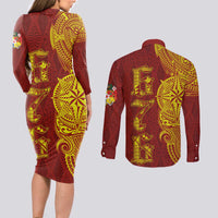 Tonga 676 Ngatu Tribal Tattoo Couples Matching Long Sleeve Bodycon Dress and Long Sleeve Button Shirt