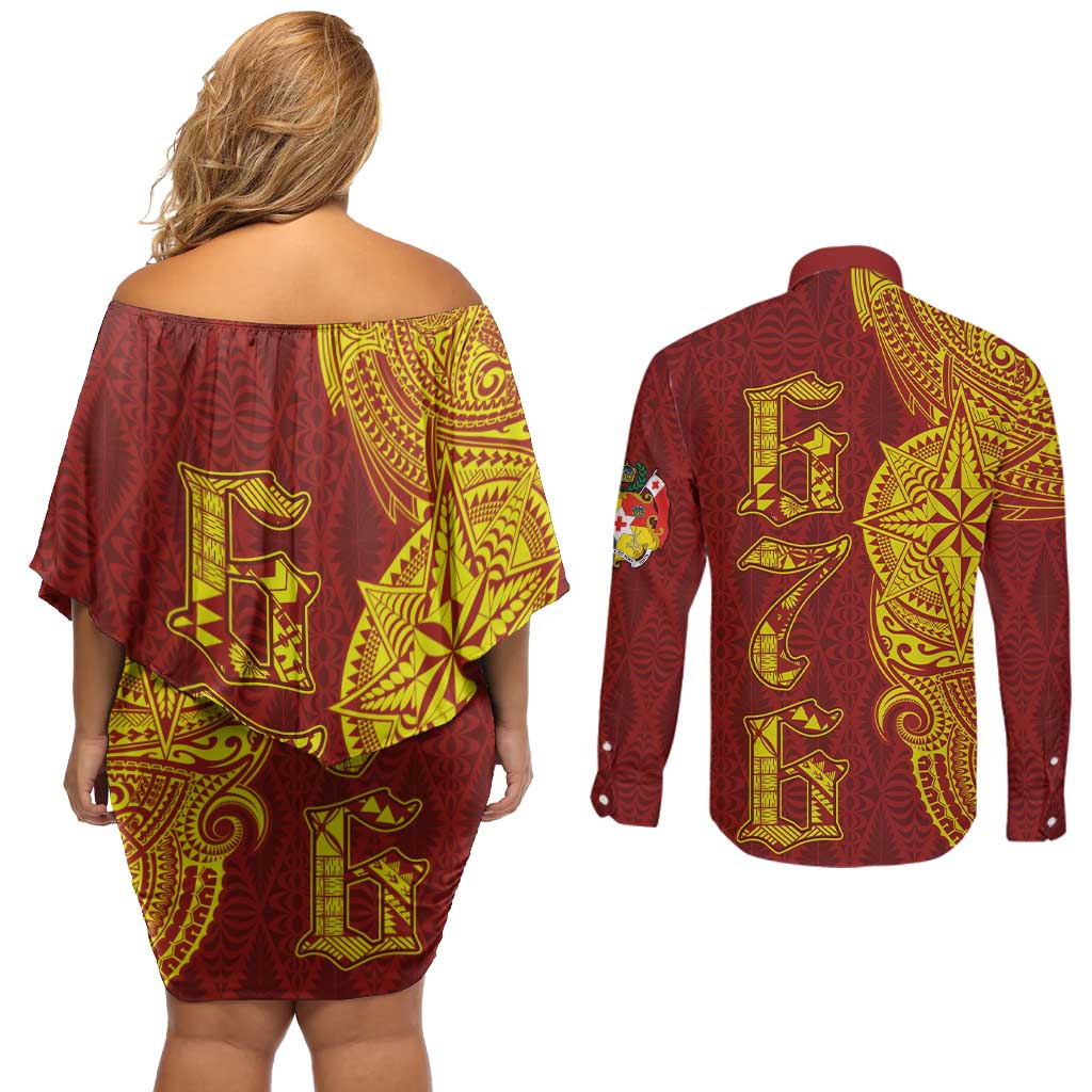 Tonga 676 Ngatu Tribal Tattoo Couples Matching Off Shoulder Short Dress and Long Sleeve Button Shirt