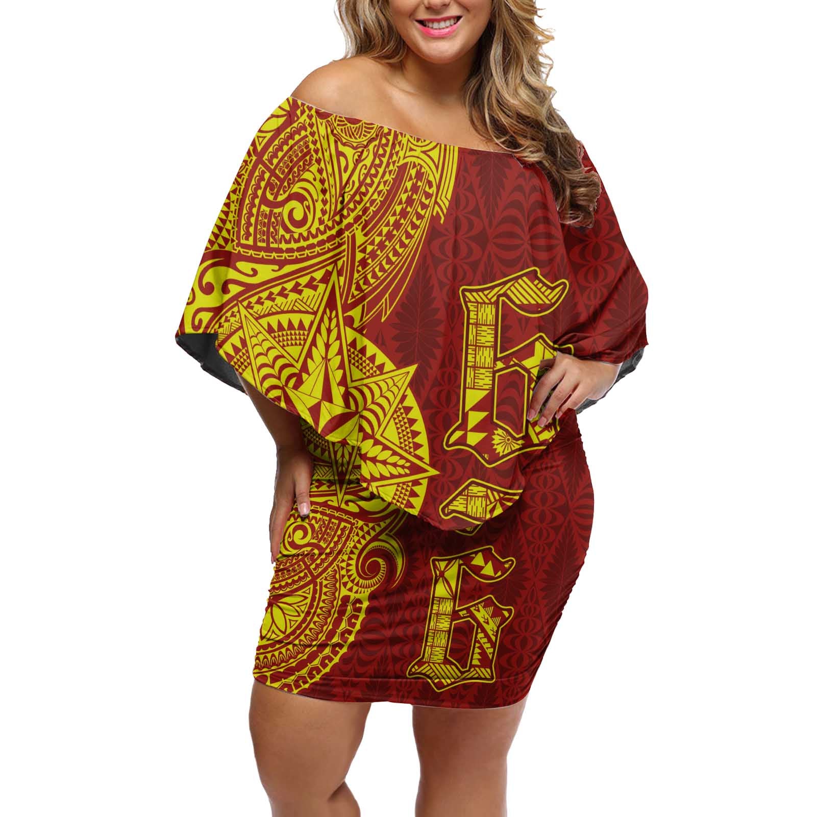 Tonga 676 Ngatu Tribal Tattoo Off Shoulder Short Dress