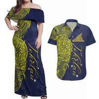 Personalised Tokelau Classic Ngatu Motifs Couples Matching Off Shoulder Maxi Dress and Hawaiian Shirt LT03 Blue - Polynesian Pride