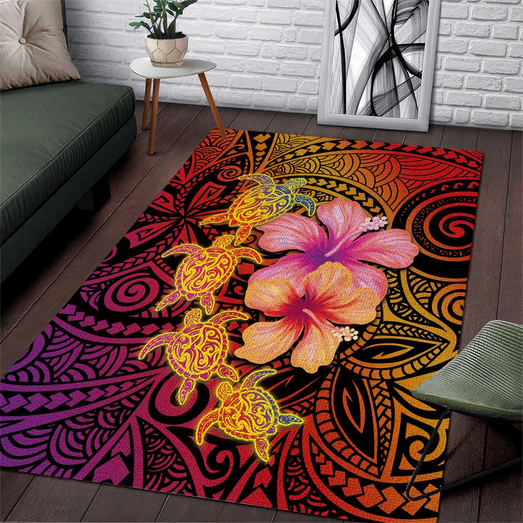 Hawaiian Hibiscus Turtle Tribal Polynesian Pattern Area Rug Colorful Color