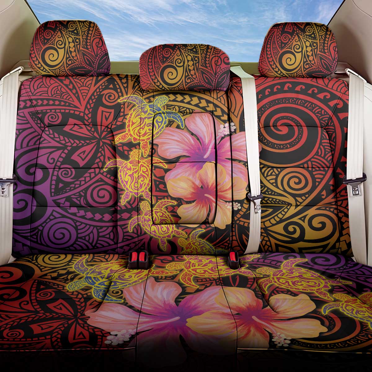 Hawaiian Hibiscus Turtle Tribal Polynesian Pattern Back Car Seat Cover Colorful Color