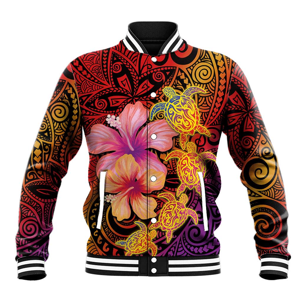 Hawaiian Hibiscus Turtle Tribal Polynesian Pattern Baseball Jacket Colorful Color LT03 Unisex Red - Polynesian Pride