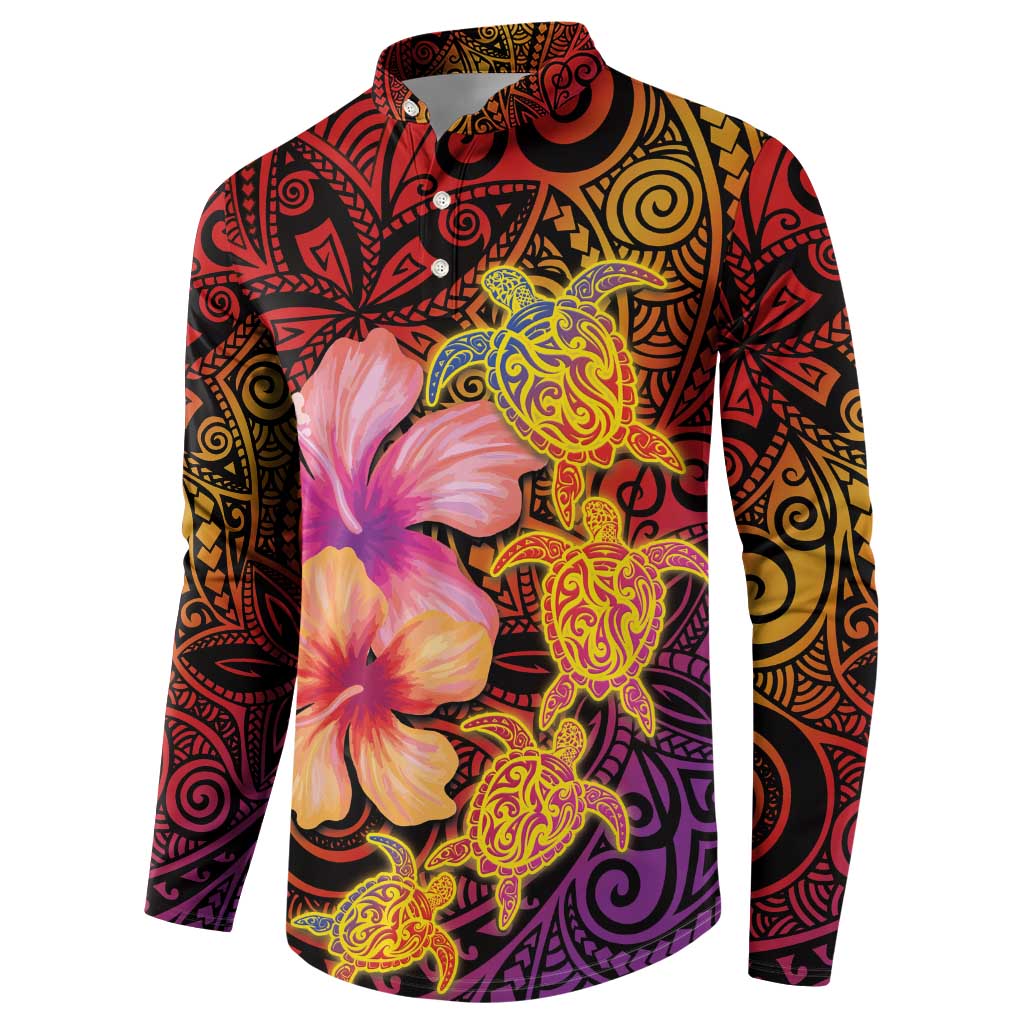 Hawaiian Hibiscus Turtle Tribal Polynesian Pattern Button Sweatshirt Colorful Color