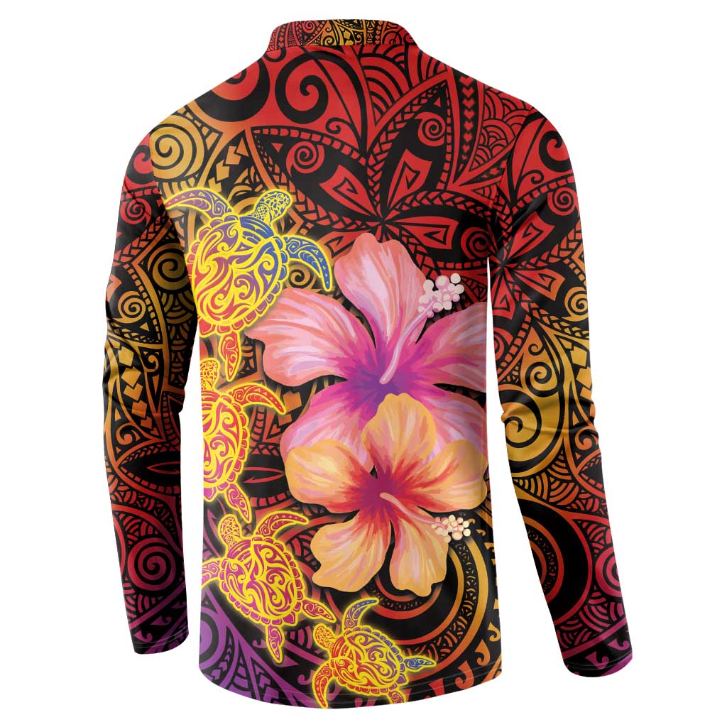 Hawaiian Hibiscus Turtle Tribal Polynesian Pattern Button Sweatshirt Colorful Color