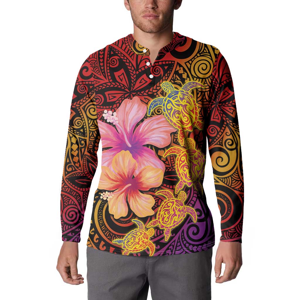 Hawaiian Hibiscus Turtle Tribal Polynesian Pattern Button Sweatshirt Colorful Color