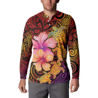 Hawaiian Hibiscus Turtle Tribal Polynesian Pattern Button Sweatshirt Colorful Color