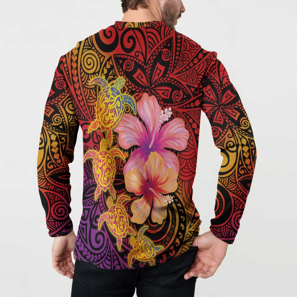 Hawaiian Hibiscus Turtle Tribal Polynesian Pattern Button Sweatshirt Colorful Color
