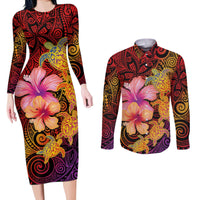 Hawaiian Hibiscus Turtle Tribal Polynesian Pattern Couples Matching Long Sleeve Bodycon Dress and Long Sleeve Button Shirt Colorful Color LT03 Red - Polynesian Pride