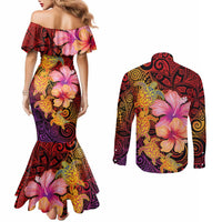 Hawaiian Hibiscus Turtle Tribal Polynesian Pattern Couples Matching Mermaid Dress and Long Sleeve Button Shirt Colorful Color LT03 - Polynesian Pride
