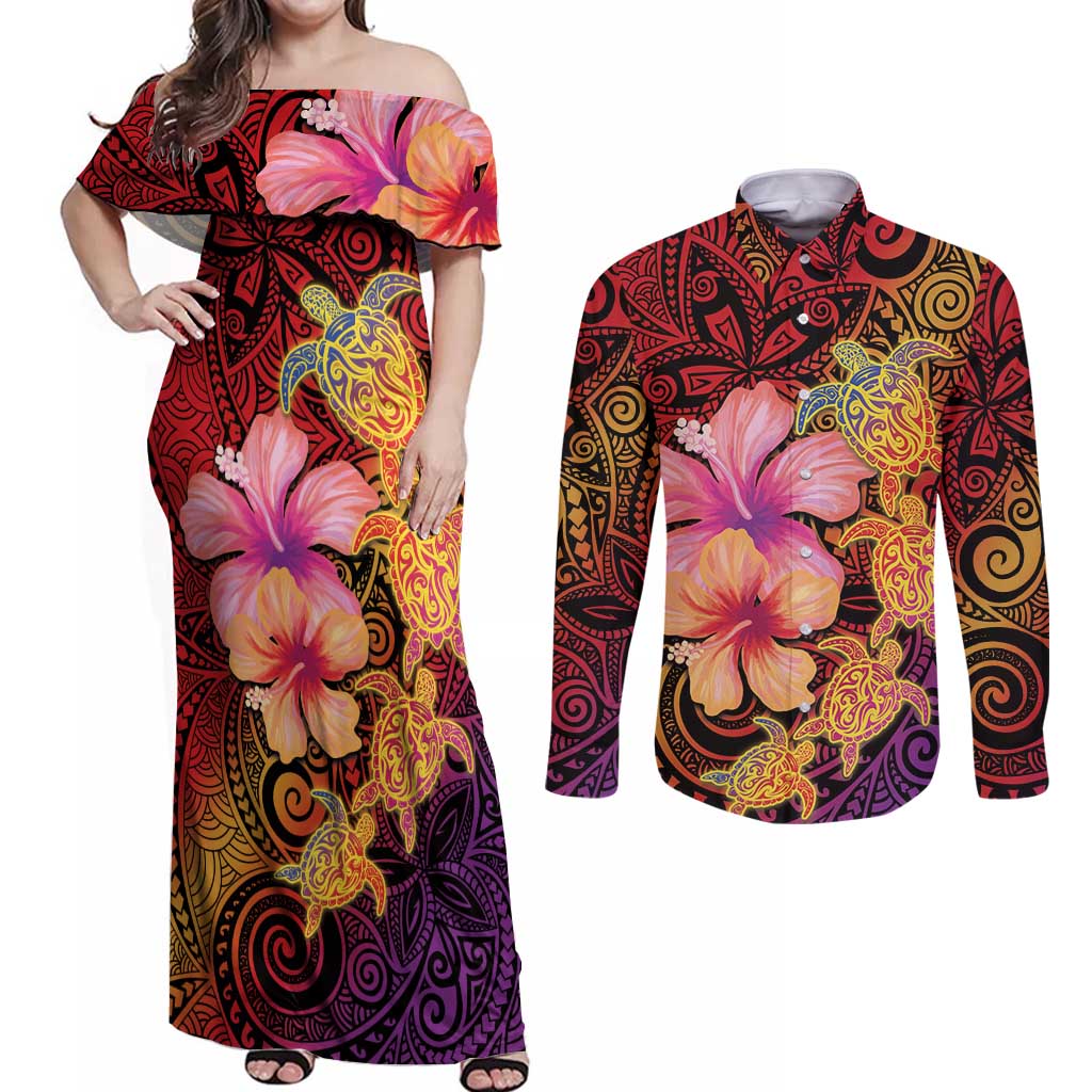 Hawaiian Hibiscus Turtle Tribal Polynesian Pattern Couples Matching Off Shoulder Maxi Dress and Long Sleeve Button Shirt Colorful Color
