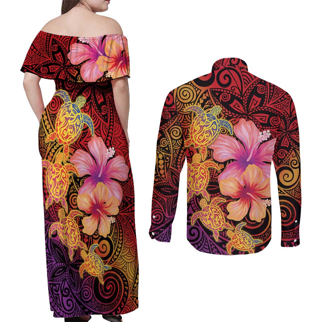 Hawaiian Hibiscus Turtle Tribal Polynesian Pattern Couples Matching Off Shoulder Maxi Dress and Long Sleeve Button Shirt Colorful Color LT03 - Polynesian Pride