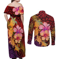 Hawaiian Hibiscus Turtle Tribal Polynesian Pattern Couples Matching Off Shoulder Maxi Dress and Long Sleeve Button Shirt Colorful Color LT03 - Polynesian Pride