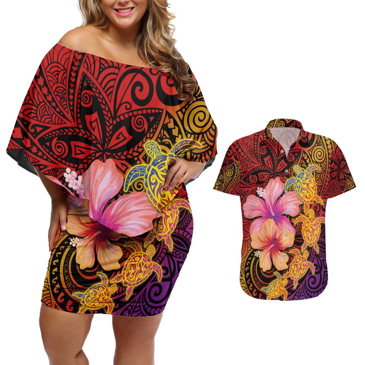 Hawaiian Hibiscus Turtle Tribal Polynesian Pattern Couples Matching Off Shoulder Short Dress and Hawaiian Shirt Colorful Color LT03 Red - Polynesian Pride