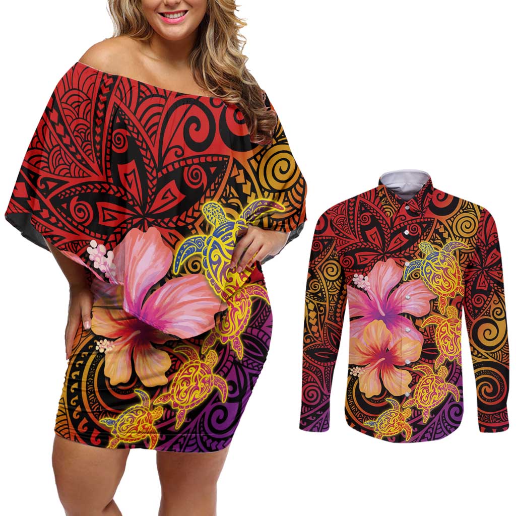 Hawaiian Hibiscus Turtle Tribal Polynesian Pattern Couples Matching Off Shoulder Short Dress and Long Sleeve Button Shirt Colorful Color LT03 Red - Polynesian Pride